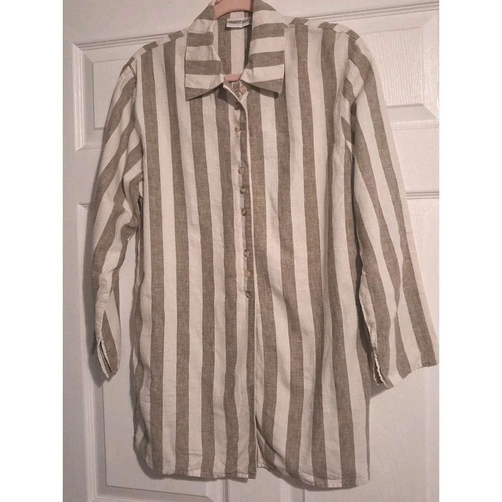Vntg 90s Linen Blend Striped Button Shirt Tunic Granola Coastal Minimalist
